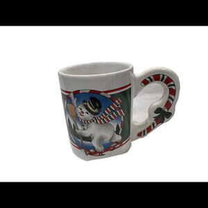 Vintage Snowman On Skis Coffee Mug With Candy Cane On Handle Christmas